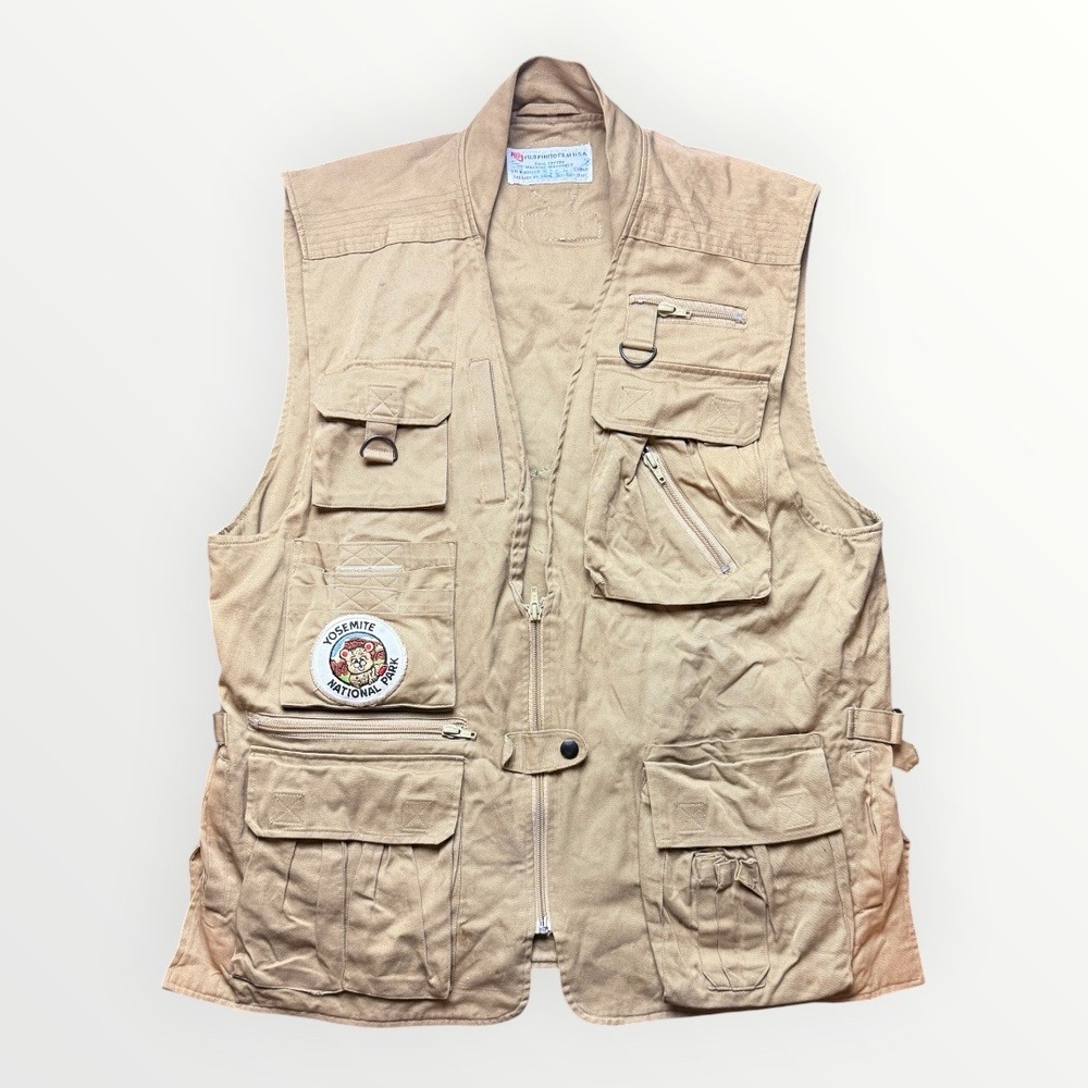 Vintage Fuji Photo Film USA Multi Pocket Utility Vest Tan Cotton Patches Mens L